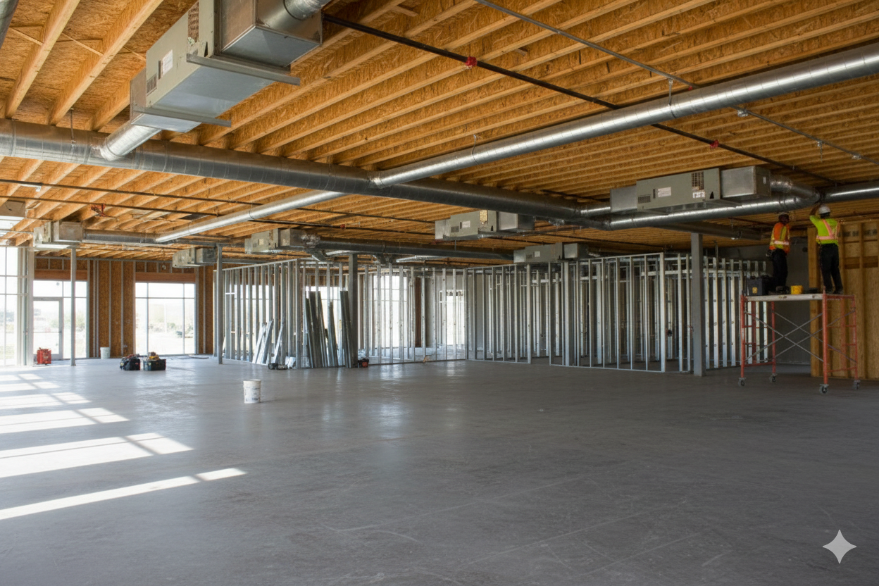 Interior of a commercial space under construction. Exposed wood ceiling, metal framing, concrete floor, workers on a ladder.