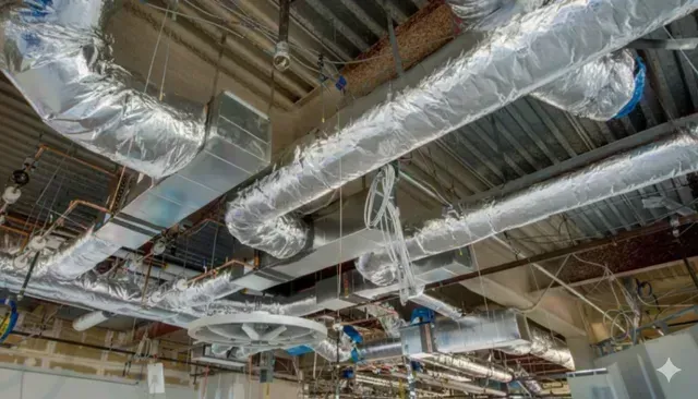 HVAC system in unfinished building ceiling, silver ductwork, vents, and pipes.