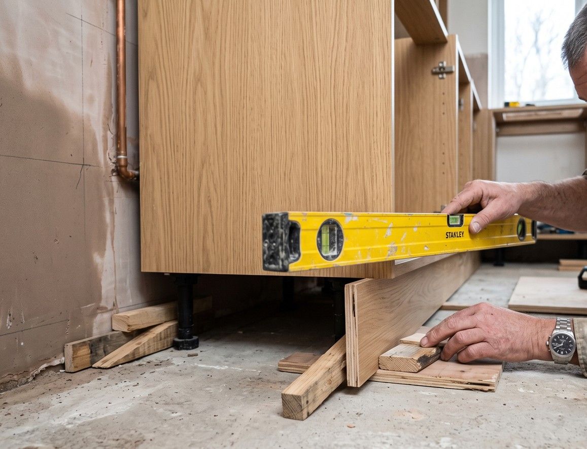 Derbyshire Joinery Specialists fitting kitchen base cabinet units during a kitchen installation in Long Eaton