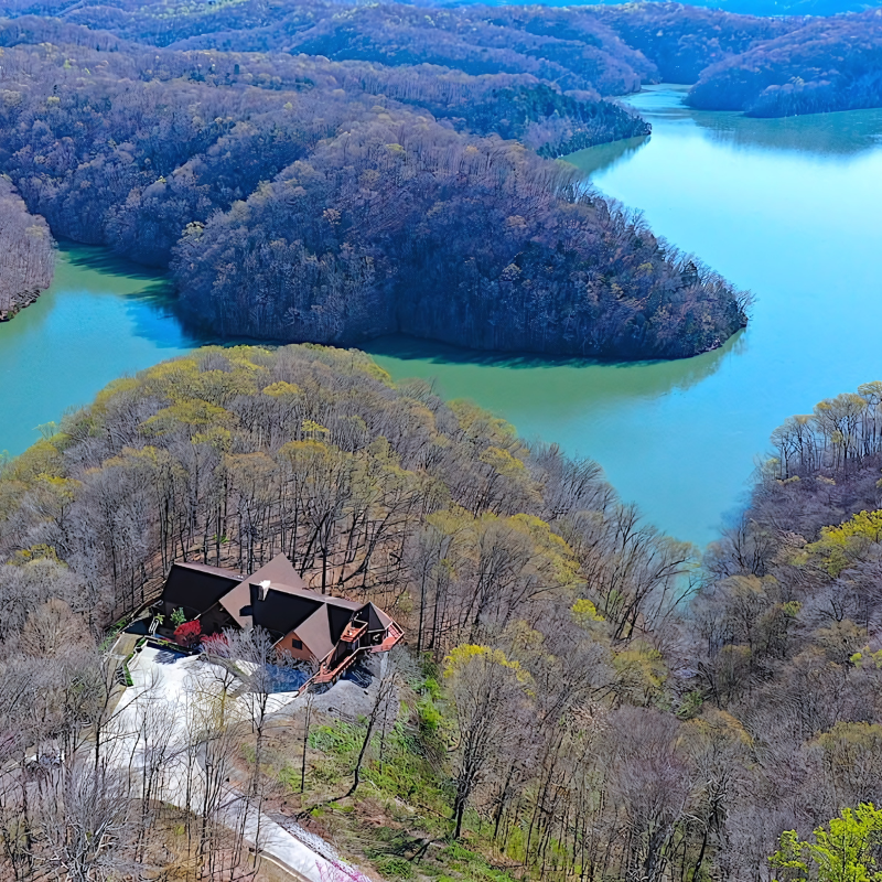 An aerial view of a house in the middle of a lake surrounded by trees