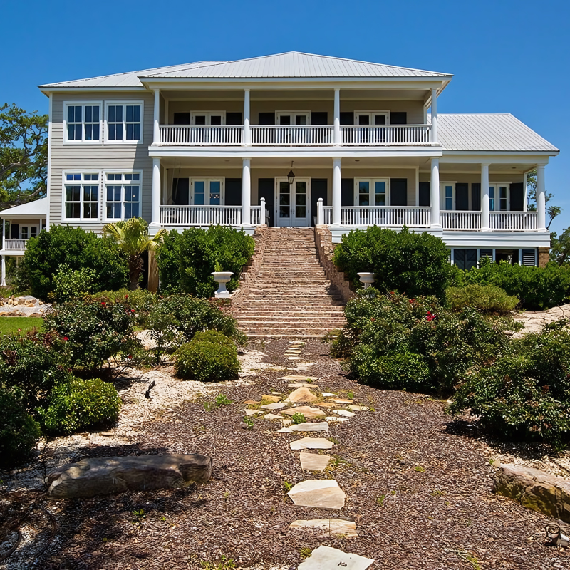 A large white house with stairs leading up to it