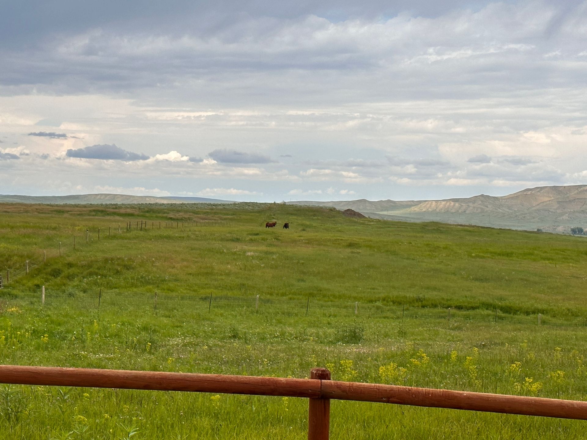 A horizontal fence railing overlooks a sprawling green prairie under a cloudy sky, with distant hills on the horizon.