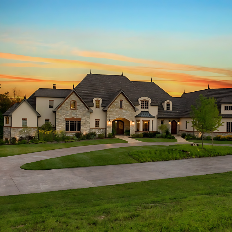 A large house with a sunset in the background