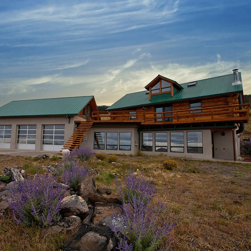 A large house with a green roof is surrounded by purple flowers