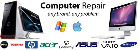 Picture of computer repair brands and two computers. The picture text says computer repair, any brand any problem.