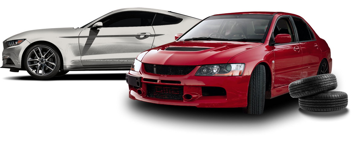 Silver Mustang and red car with spare tires - OHMS Car Care & TOWING