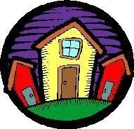 A cartoon drawing of a house with two red houses in a circle.