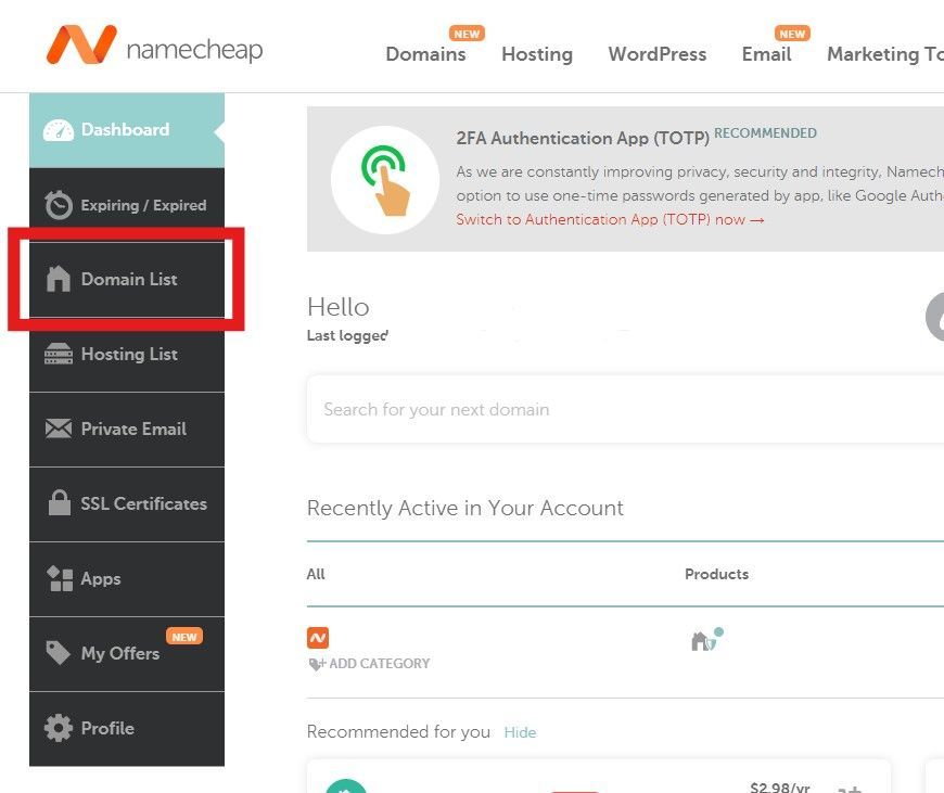 A screenshot of the dashboard of a website called namecheap