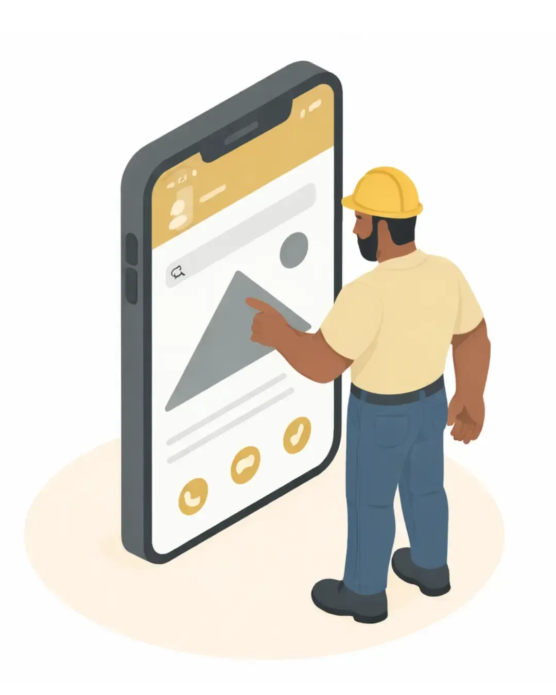 Construction worker using a smartphone; touches a grey shape on the screen, yellow helmet.
