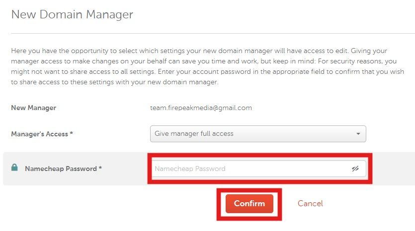 A screenshot of a new domain manager page with a confirm button.