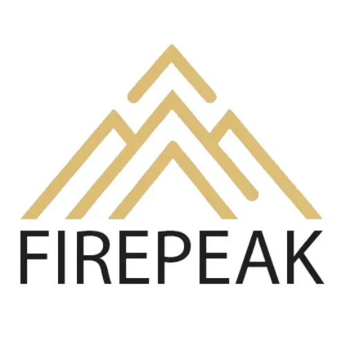 A logo for firepeak media with a mountain in the middle
