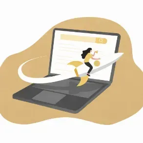 Woman riding a rocket ship arrow emerging from a laptop screen, symbolizing fast online search.