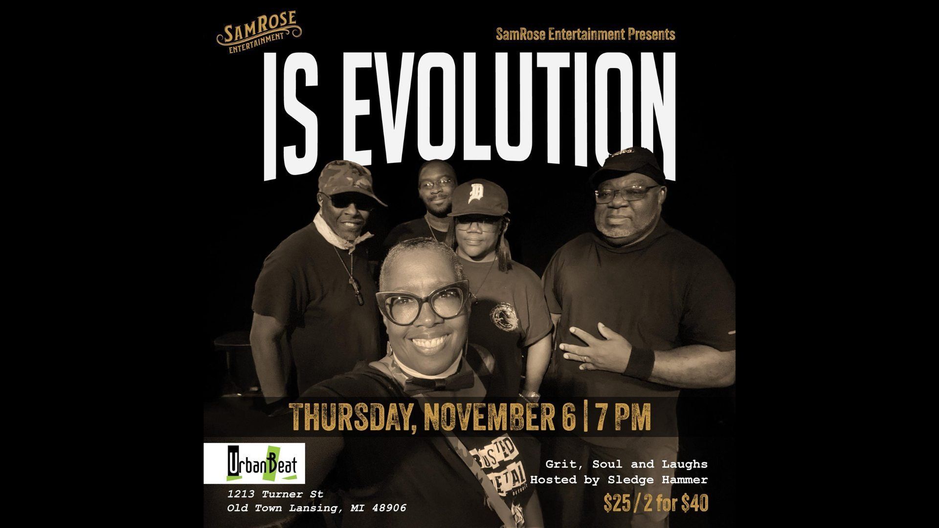 Event poster with band IS EVOLUTION. Thursday, November 6, 7 PM. Black and white photo of band members.