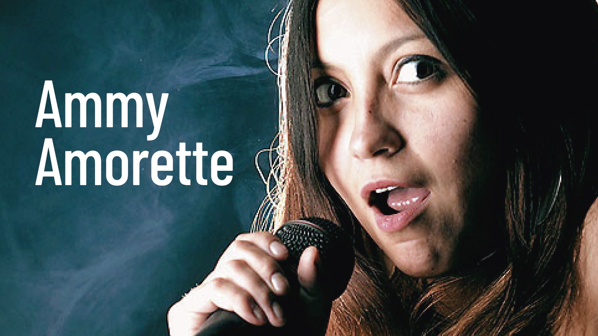 A stage backdrop for Acoustic Harmonies Listening Room, featuring portraits of two guitarists over a brick-walled setting.