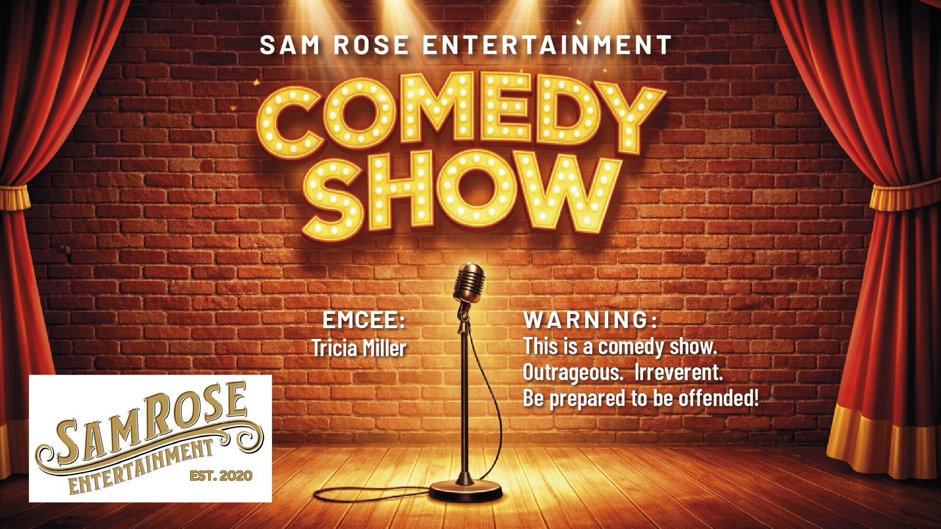 Comedy show poster on a brick wall background, with a microphone, stage curtains, and text.