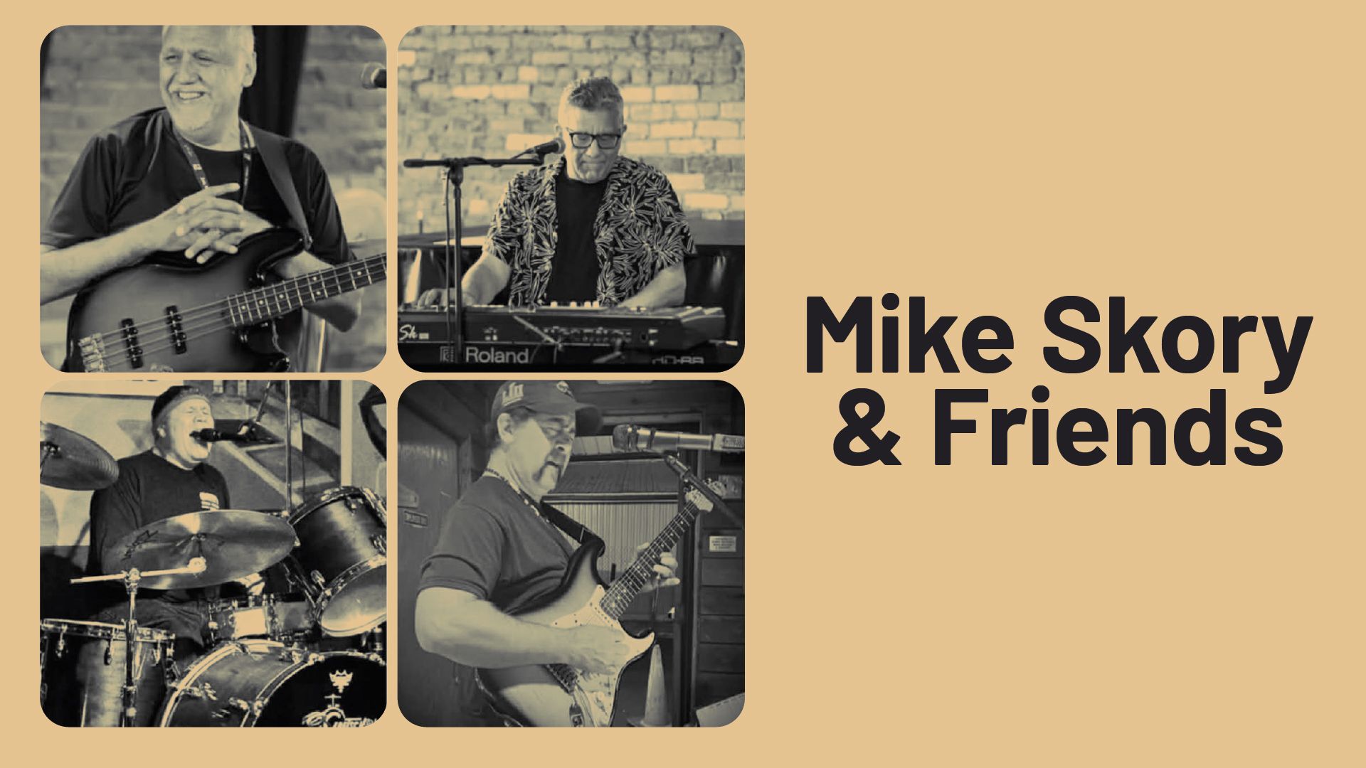 Bear Band logo with band members: bass, keyboard, drums, guitar.