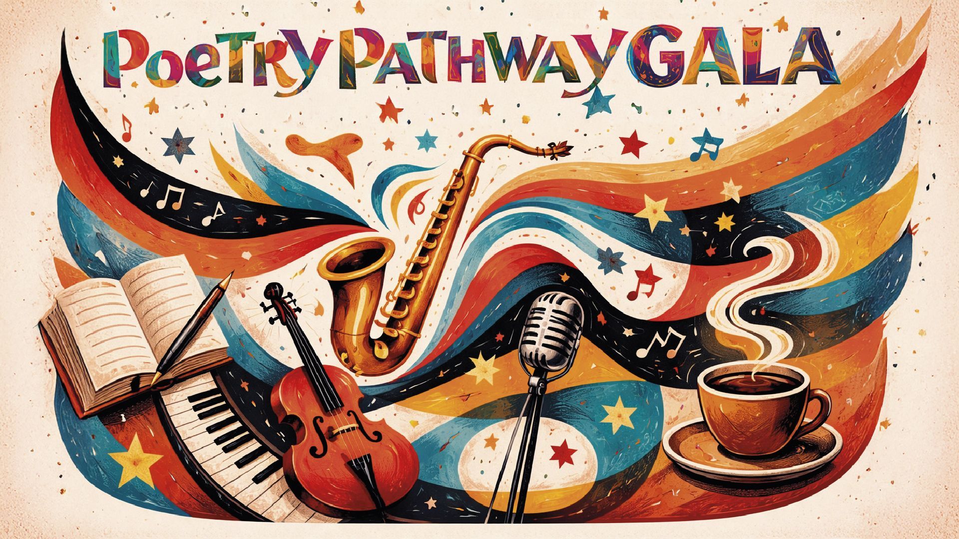 Poetry Pathway Gala promotional art with musical instruments, coffee, and colorful swirls against a beige background.