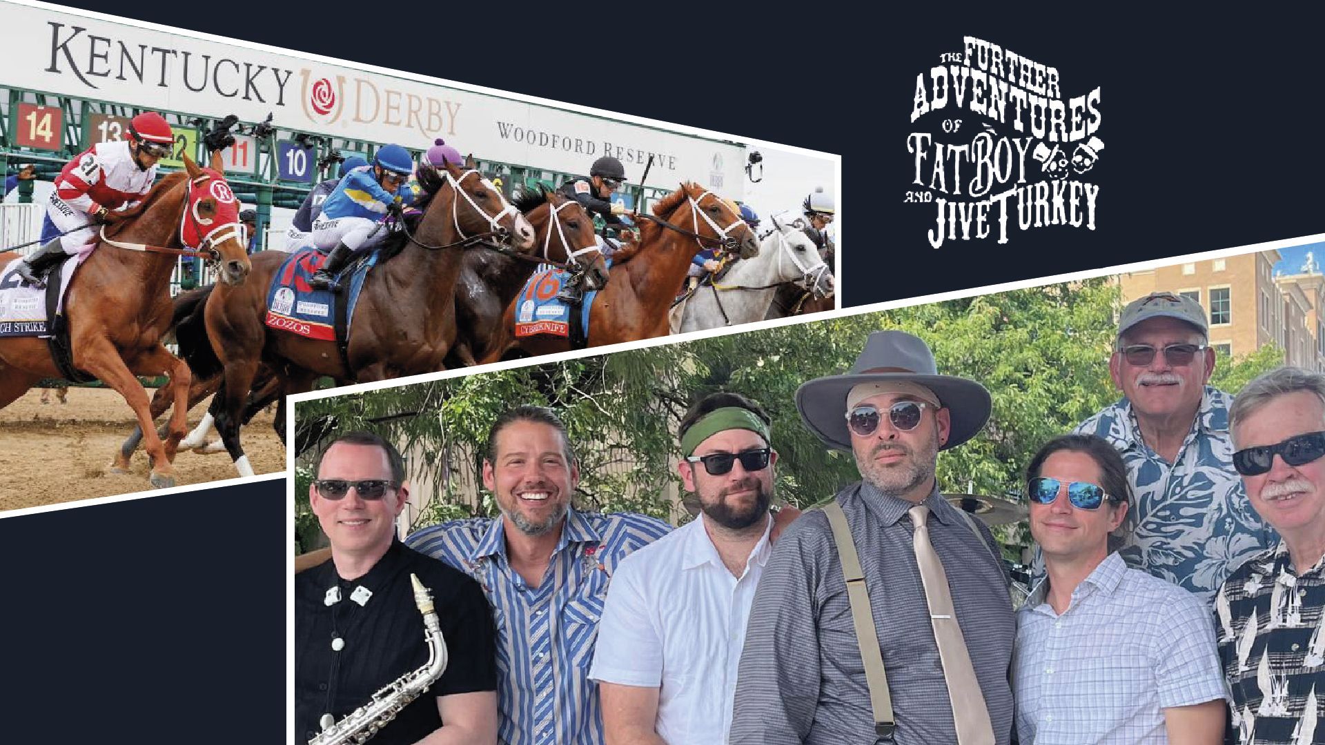 Horses racing at the Kentucky Derby and a group of men posing outdoors.
