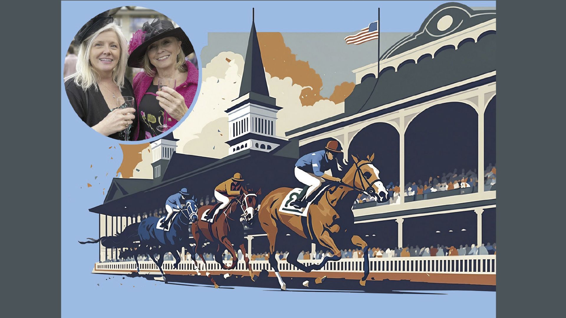 Horses racing at the Kentucky Derby and a group of men posing outdoors.