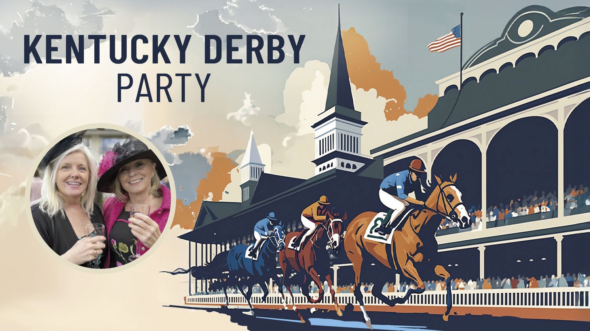 Horses racing at the Kentucky Derby and a group of men posing outdoors.