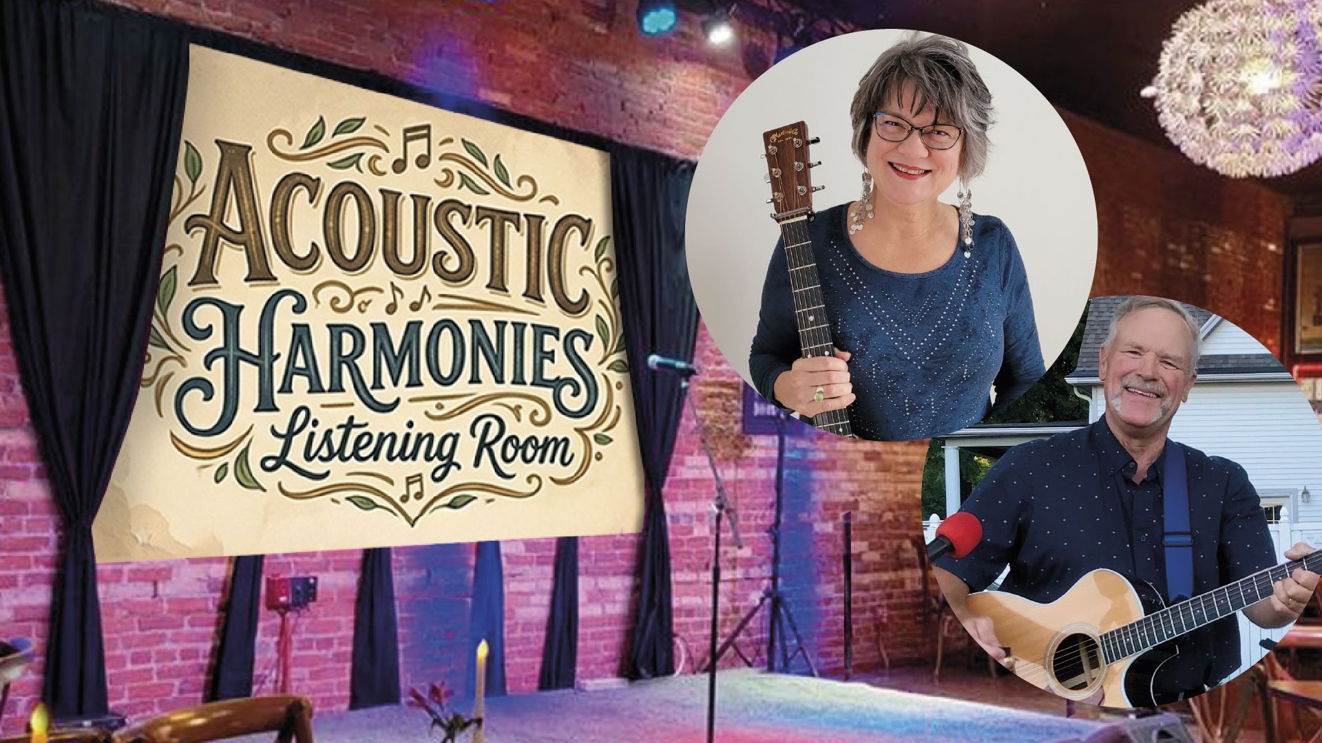 A stage backdrop for Acoustic Harmonies Listening Room, featuring portraits of two guitarists over a brick-walled setting.