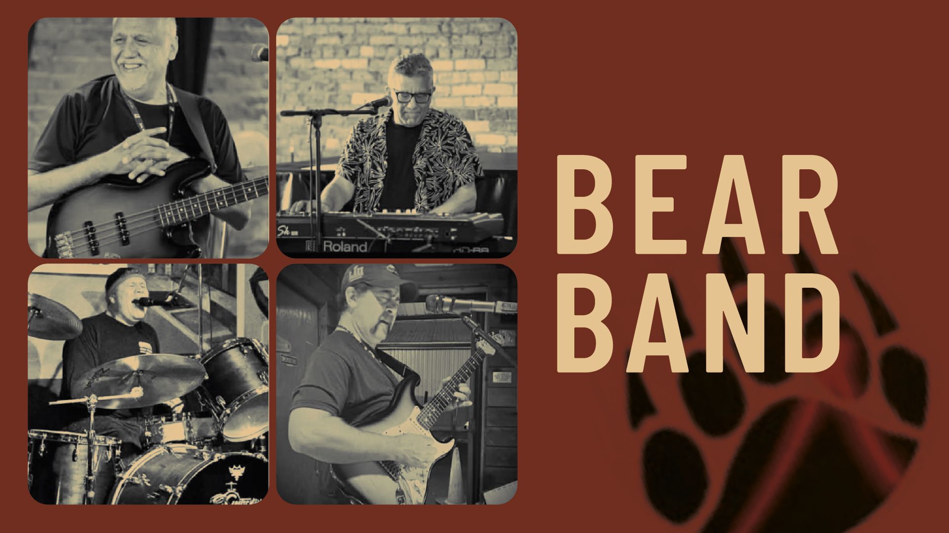 Bear Band logo with band members: bass, keyboard, drums, guitar.