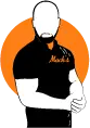 A man with a beard is standing with his arms crossed in front of an orange circle.