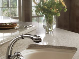 A kitchen sink with a faucet and a vase of flowers on the counter.