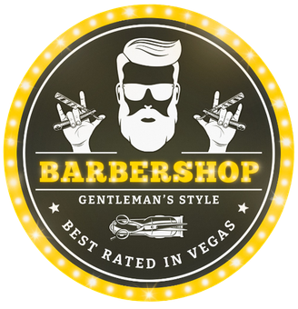 Barbershop logo: man with sunglasses and beard, holding razors. 