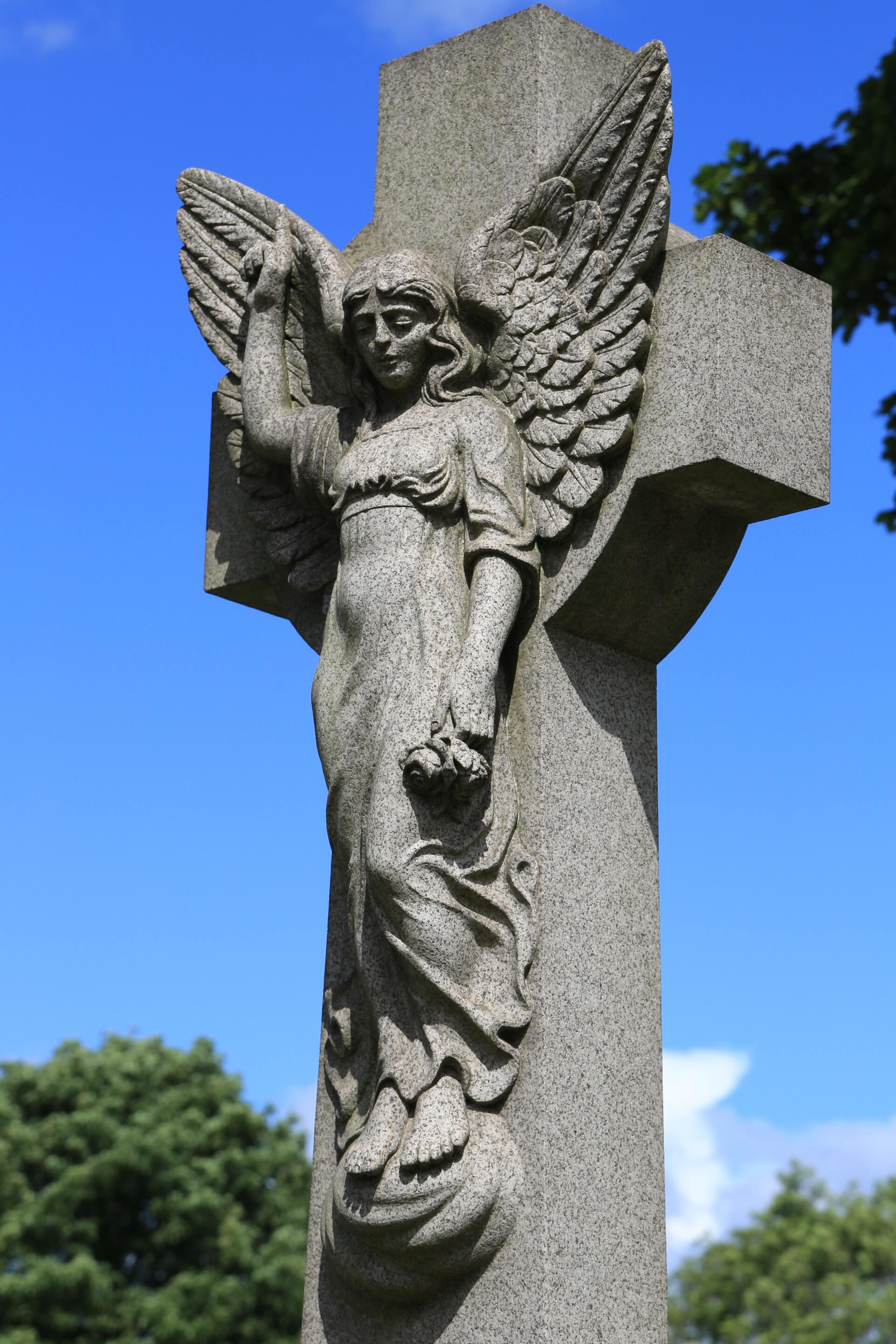 Cross Shaped Granite Headstone with Angel Carving