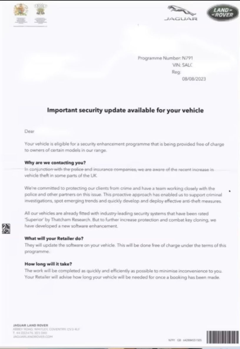 a letter from jaguar land rover says that there is a security update available for your vehicle .