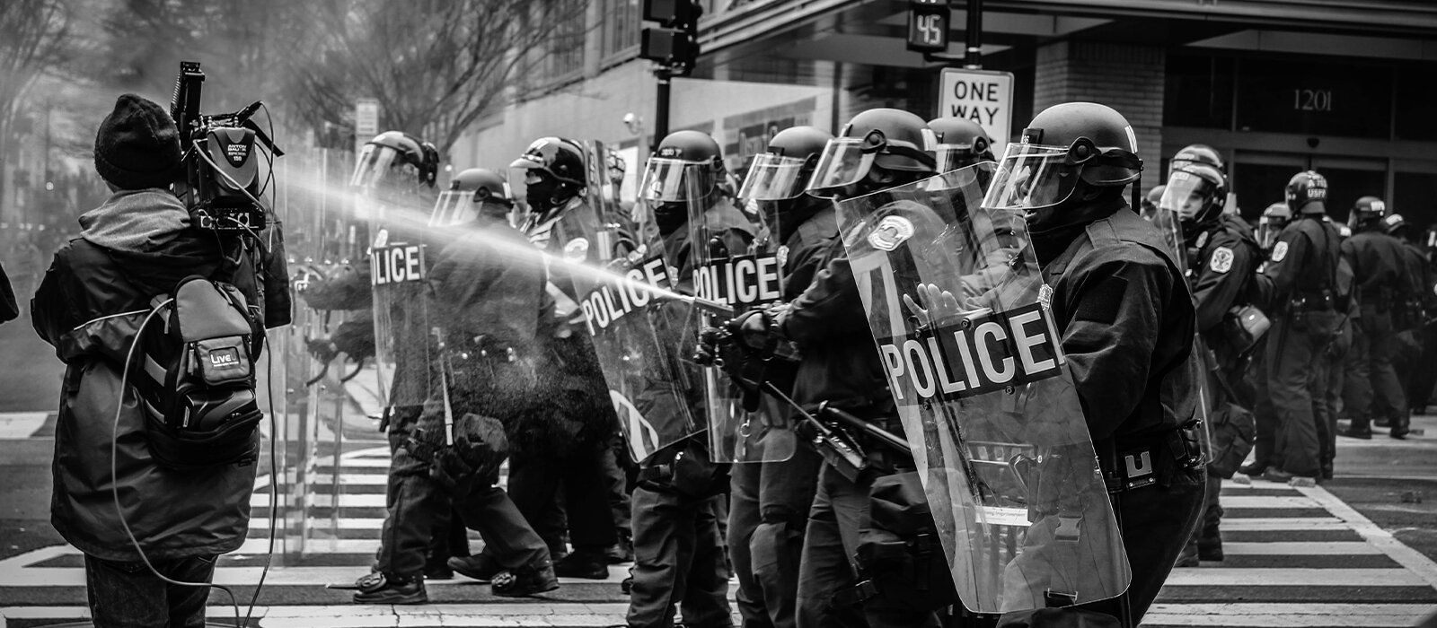Black and white photo of a police riot
