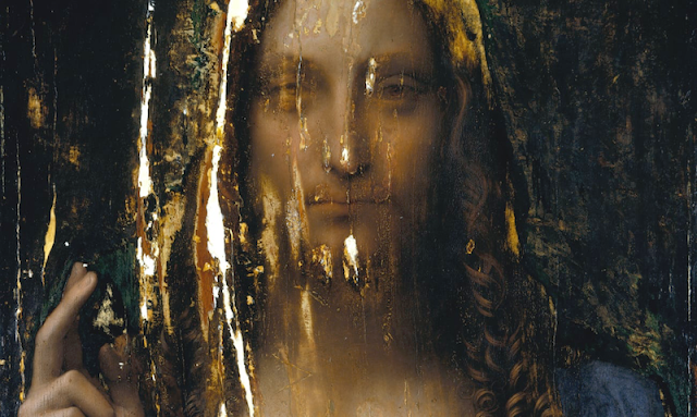 a close up of a painting of jesus with a veil on his face .