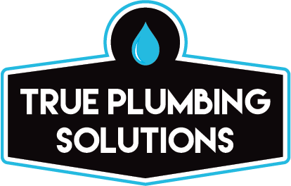 The logo for true plumbing solutions has a drop of water on it.