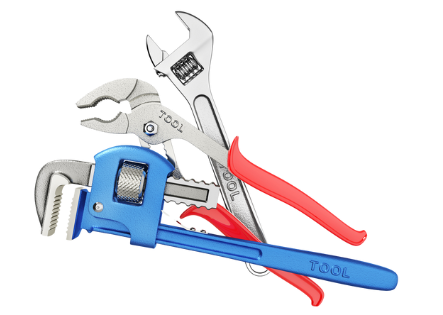 A group of tools including a wrench and pliers are stacked on top of each other.