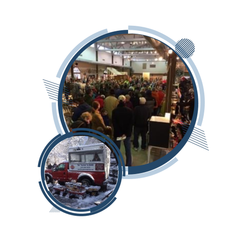 Crowd gathered indoors; food truck nearby, circular graphic.