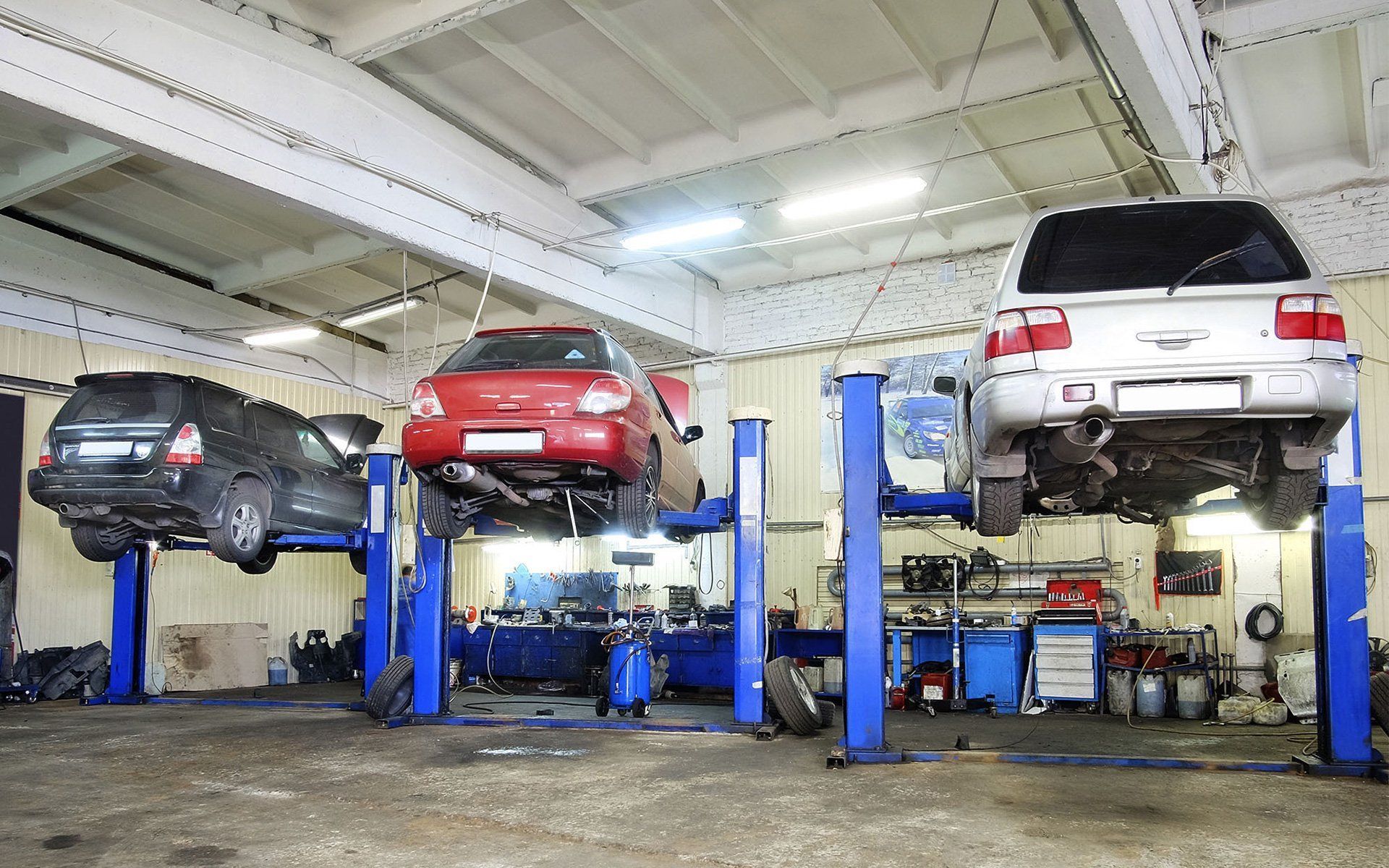 A row of cars are sitting on lifts in a garage.