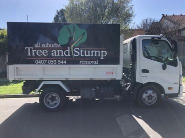 A tree and stump removal truck is parked on the side of the road.
