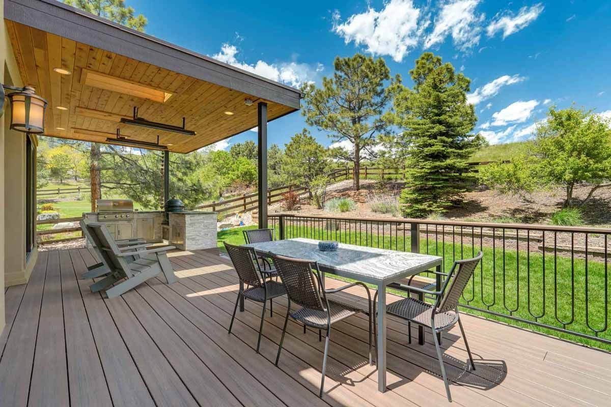 Covered deck with outdoor dining table, chairs, and a view of a green yard and trees