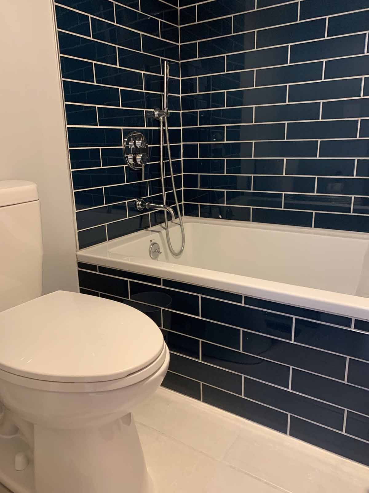 Modern bathroom with white toilet and bathtub, dark blue tiled walls, and chrome shower fixtures