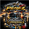 Perez Auto Body and Tuning logo with flame graphics, chrome car emblem, and black-and-silver metallic design