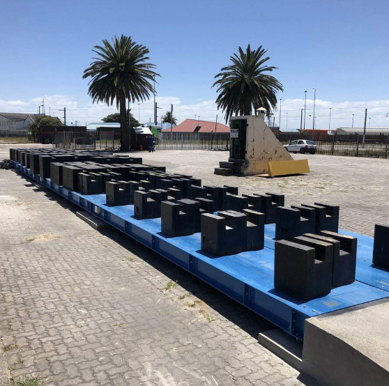 A row of weights on a blue platform with palm trees in the background