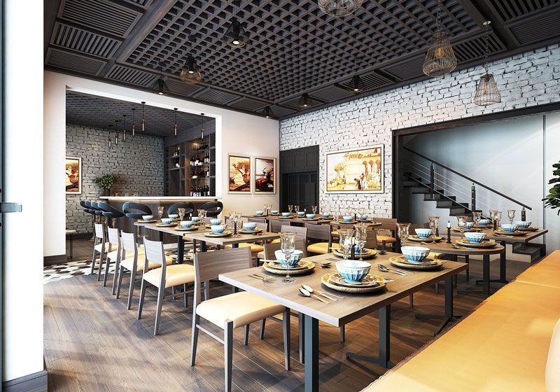 An artist 's impression of a restaurant with tables and chairs.