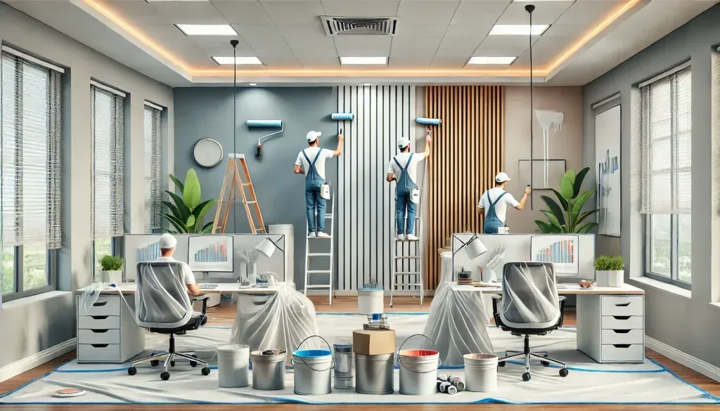A group of people are painting a room in an office.