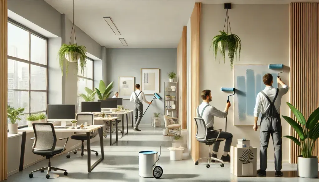 Two men are painting a wall in an office.