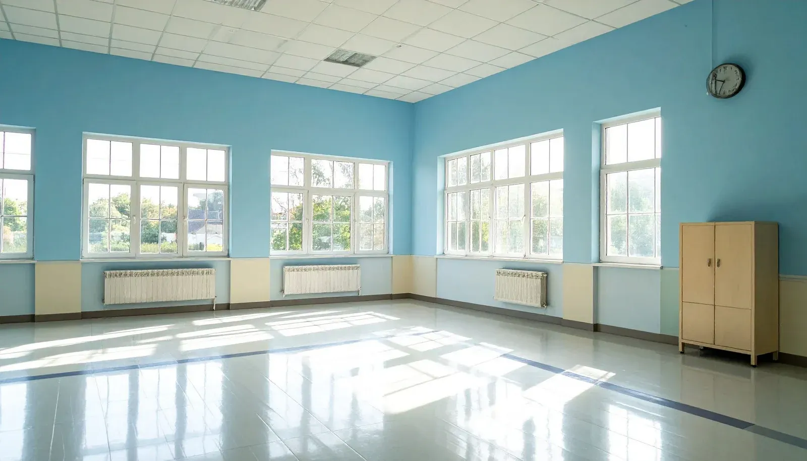 Empty room with blue walls, windows, shiny floor, and a cabinet.