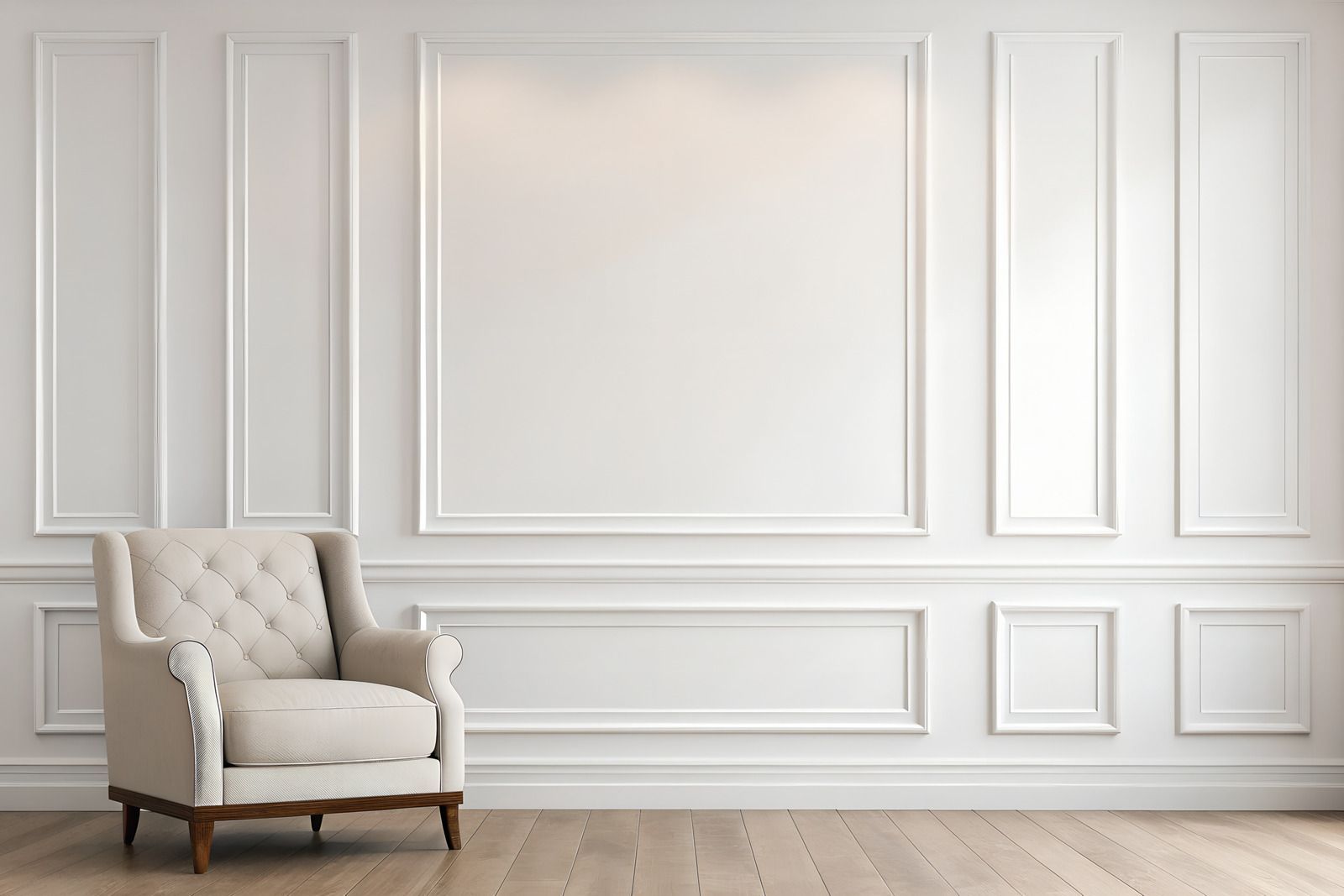 Cream-colored tufted armchair in a room with white panelled walls and light wood floor.
