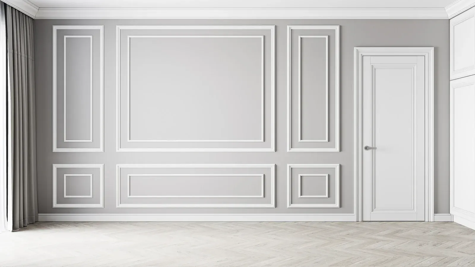 Gray wall with white molding, a white door, and a light-colored carpet.