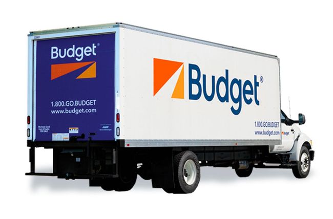 a white budget truck is parked on a white background
