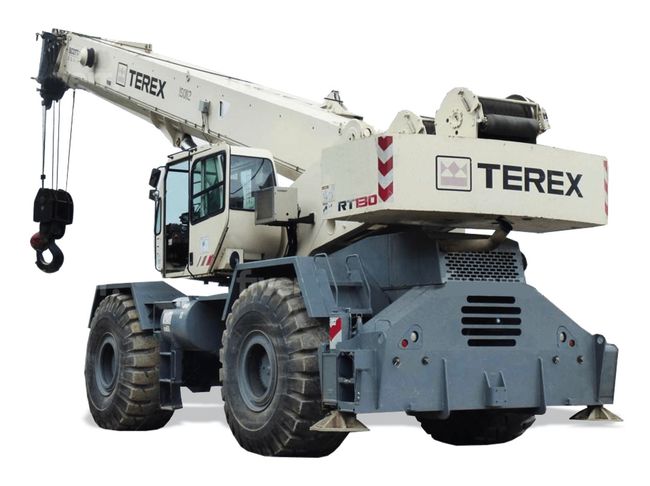 a terex crane is sitting on a white background .